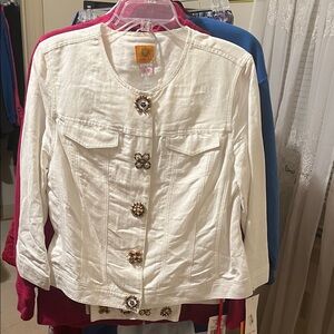 Ruby Rd. Cream Jean Jacket and pants with Floral Buttons
